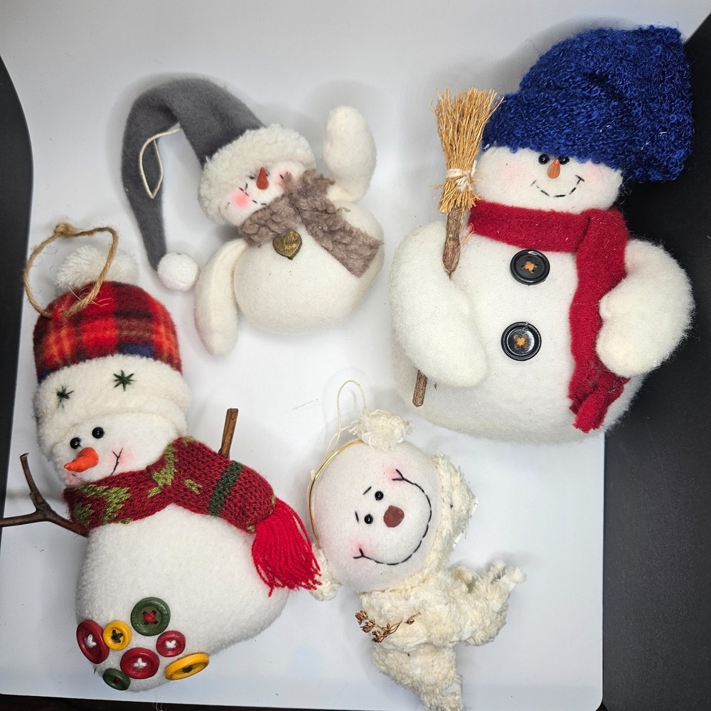 Lot of 4 Plush Snowman Christmas Ornaments‎ Felt Fabric Handmade Style Rustic